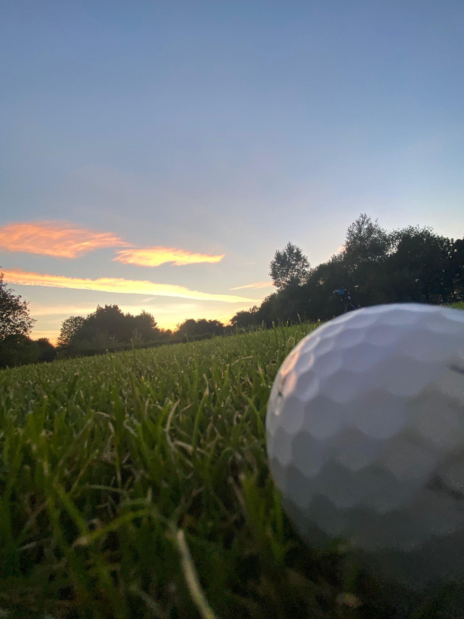 Golfball im Gras bei Sonnenuntergang